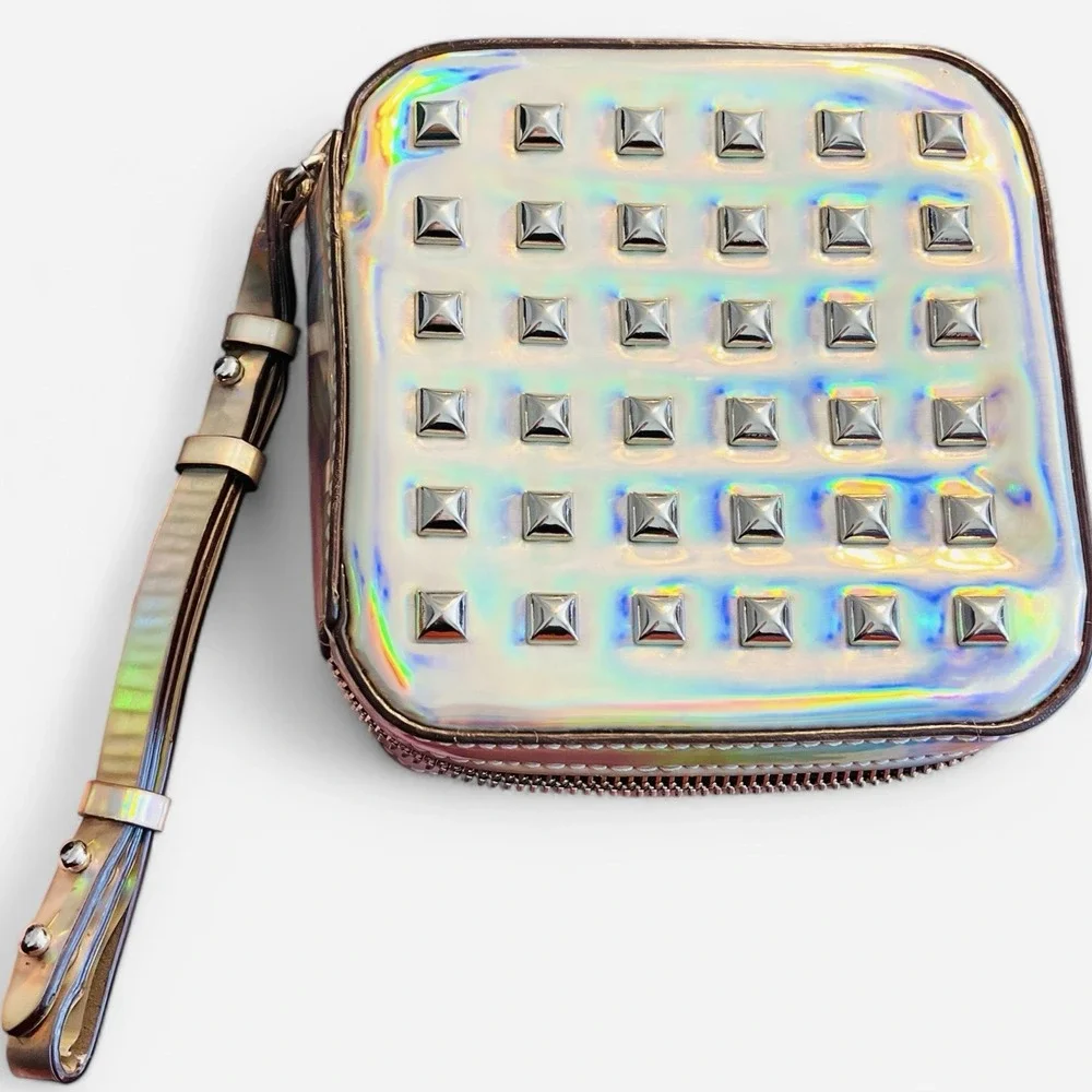 Rebecca Minkoff Iridescent Metallic Foil Square Wristlet Bag Clutch Silver Studs